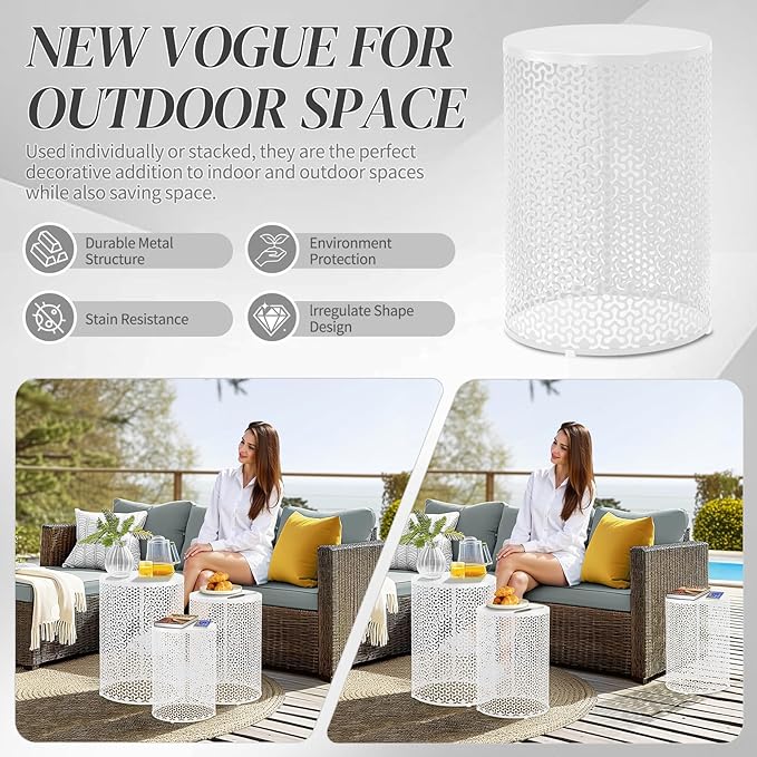 Outvita Outdoor Nesting Tables Set of 3, Heavy Duty Metal Frame Accent Modern End Table, Portable Side Table for Indoor, Outdoor, Living Room, Clover Pattern - White