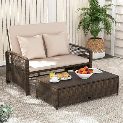 Tangkula Patio Rattan Daybed with 4-Level Adjustable Backrest, 2-Person Outdoor Wicker Loveseat with Storage Ottoman & Soft Cushions, Double Sunbed Lounger for Backyard, Porch, Poolside (Beige)