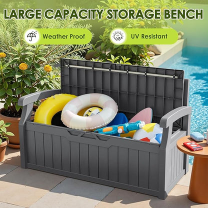 Greesum 80 Gallon Heavy-Duty Outdoor Storage Bench with Cushion, UV-Resistant Resin Bench with Armrest, Deck Box for Garden, Poolside, Patio, Dark Grey