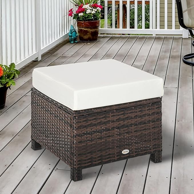 Outsunny 20" Patio Wicker Ottoman, Multipurpose Outdoor PE Rattan Footrest, Additional Seating, Side Table with Soft Cushion, Brown, White