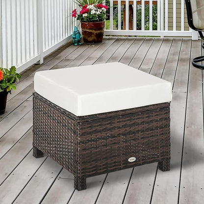 Outsunny 20" Patio Wicker Ottoman, Multipurpose Outdoor PE Rattan Footrest, Additional Seating, Side Table with Soft Cushion, Brown, White