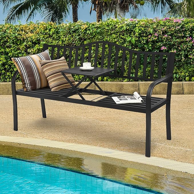 DORTALA Patio Garden Bench w/Steel Frame, Heavy-Duty Metal Park Bench, Outdoor Loveseat w/Foldable Middle Table, Ergonomic Backrest for Lawn, Porch, Path, Black