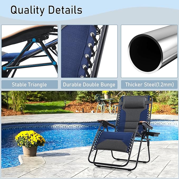 PHI VILLA XXL Oversized Padded Zero Gravity Chair Set of 2, Foldable Patio Recliner, 30" Wide Seat Anti Gravity Lounger with Armrest and Cup Holder, Support 400 LBS (Thumb Blue)