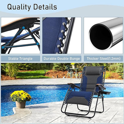 PHI VILLA XXL Oversized Padded Zero Gravity Chair Set of 2, Foldable Patio Recliner, 30" Wide Seat Anti Gravity Lounger with Armrest and Cup Holder, Support 400 LBS (Thumb Blue)