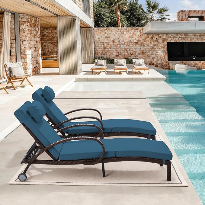 Pool Outdoor Lounge Chairs Set of 2,Outdoor Chaise Lounge w/ 5 Adjustable Back,Wicker Patio Pool Lounge Chair with Wheels for Poolside Deck Lawn,Peacock Blue