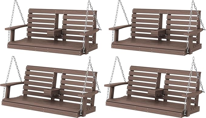 KINGYES Outdoor Hanging Porch Swing Set of 2, Waterproof Swing with Cup Holders for Courtyard & Garden - Photo 1