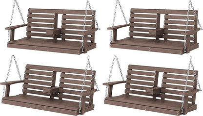 KINGYES Outdoor Hanging Porch Swing Set of 2, Waterproof Swing with Cup Holders for Courtyard & Garden, 660LBS Weight Capacity, White