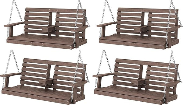 KINGYES Outdoor Hanging Porch Swing Set of 2, Waterproof Swing with Cup Holders for Courtyard & Garden - Photo 1