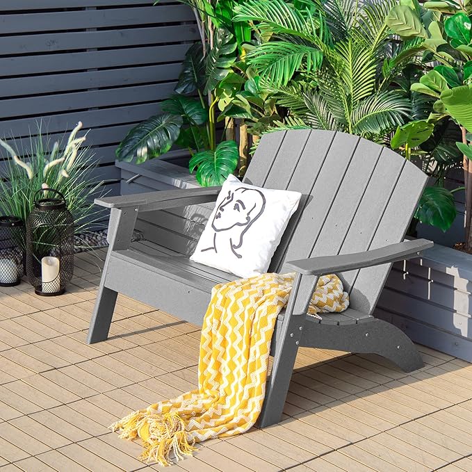 Giantex Adirondack Chair Outdoor Loveseat, High Density Polyethylene HDPE Material Adirondack Chairs Set of 2 People, Patio Adirondack Bench for Porch, Garden, Backyard Fire Pit Chair (2, Gray)