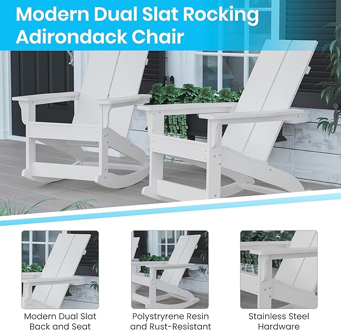 Taylor & Logan Finn Modern All-Weather 2-Slat Poly Resin Wood Rocking Adirondack Chair with Rust Resistant Stainless Steel Hardware in White