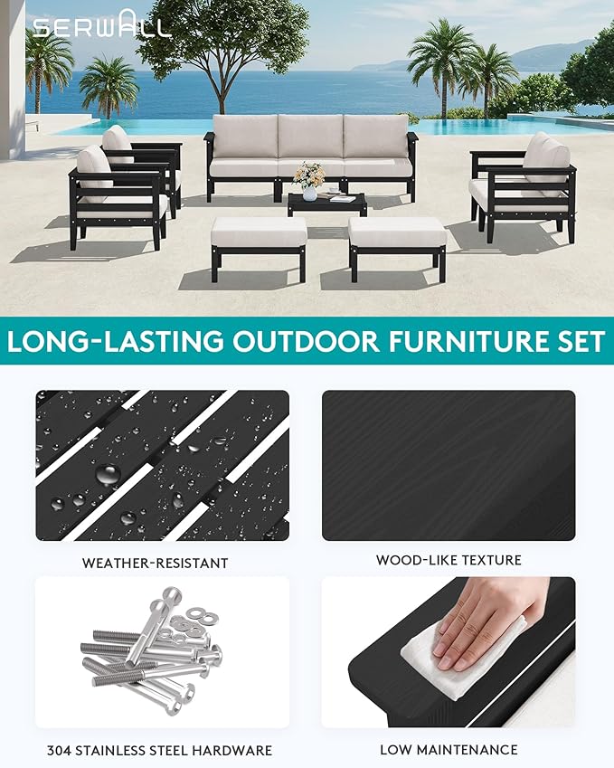 SERWALL HDPE Outdoor Furniture Set, 10 Pieces Patio Sectional Sofa Set, All-Weather Wood-Like Outdoor Sofa with Coffee Table for Deck, Garden, Black Frame with Khaki Cushion