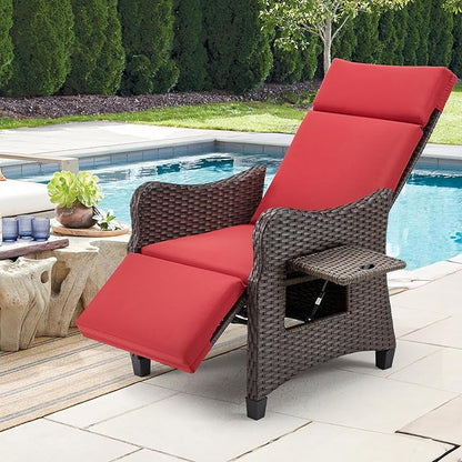 HOMREST Outdoor Recliner Chair with Flip-up Table Set of 2, Rattan Armchair with Adjustable Backrest up to 150°, Wicker Lounge Chair with Integrated Footstool & Removable Cushion for Gardens, Burgundy