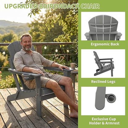 Folding Adirondack Chairs, Plastic Outdoor Patio Chairs with Cup Holder, Wood-Textured with Large Seat for Poolside Backyard Lawn, Gray