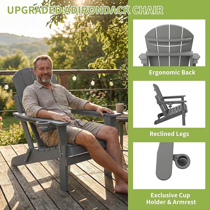Folding Adirondack Chairs Set of 2, Plastic Outdoor Patio Chairs with Cup Holder, Wood-Textured with Large Seat for Poolside Backyard Lawn, Gray