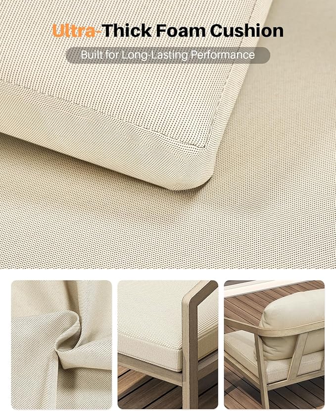 Outdoor Patio Loveseat, Never-Rust Aluminum Outdoor Loveseat Couch with Thick Cushions, Modern 2-Seater Patio Sofa Bench, Outdoor Sofa Loveseat Furniture for Poolside, Garden, Gray Oak | Never-Rust, Wood-Grain Texture, Wraparound Design, Removable Cush...