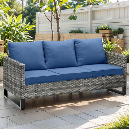 Rilyson Wicker Outdoor Couch Patio Sofa - 3 Seater Rattan Outdoor Patio Couch with Waterproof Wicker,Comfortable Cushions and Sturdy Metal Frame for Outside Porch Deck Backyard(Mixed Grey/Blue)