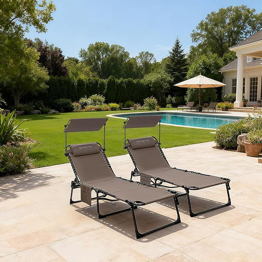 KingCamp Tanning Chair with Face Hole, Lounge Chairs Outdoor Folding Comfy Adjustable 5-Position Foldable Chaise Chaser with Canopy Shade for Outside Beach Patio Sun Bathing, Beige