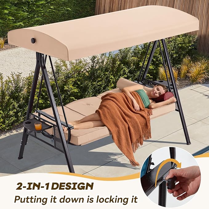 3 in 1 Outdoor Porch Swing with Adjustable Canopy, 3 Seat Outdoor Swing for Adults - Photo 2