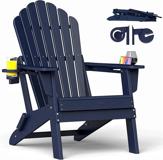 Oversized Adirondack Chair with Dual Cup Holders, Ergonomic High Back HDPE Fire Pit Chair, 380lbs Capacity All-Weather Outdoor Patio Lounge Chair for Garden, Deck, Yard - Navy Blue