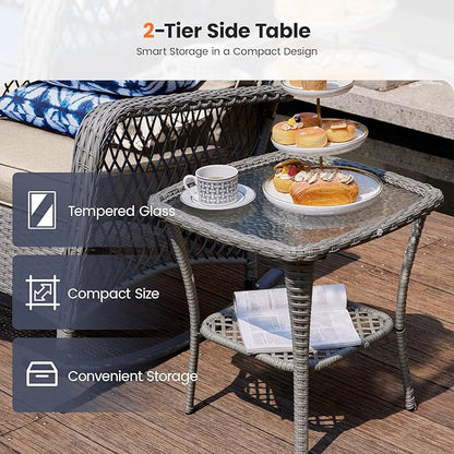 UDPATIO 3 Piece Patio Furniture Set, Wicker Rocking Bistro Set with 2 Rockers, 1 Side Table and 4‘’ Thick Cushions for Backyard, Porch, Balcony, Poolside, Grey/Beige