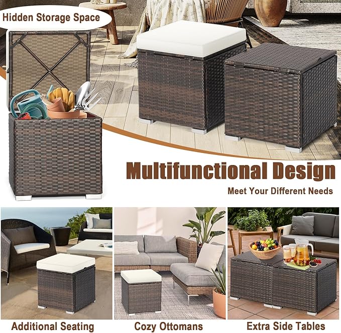 RELAX4LIFE Wicker Outdoor Storage Ottoman, 2-Piece Rattan Footstool w/Removable Cushion - Photo 7