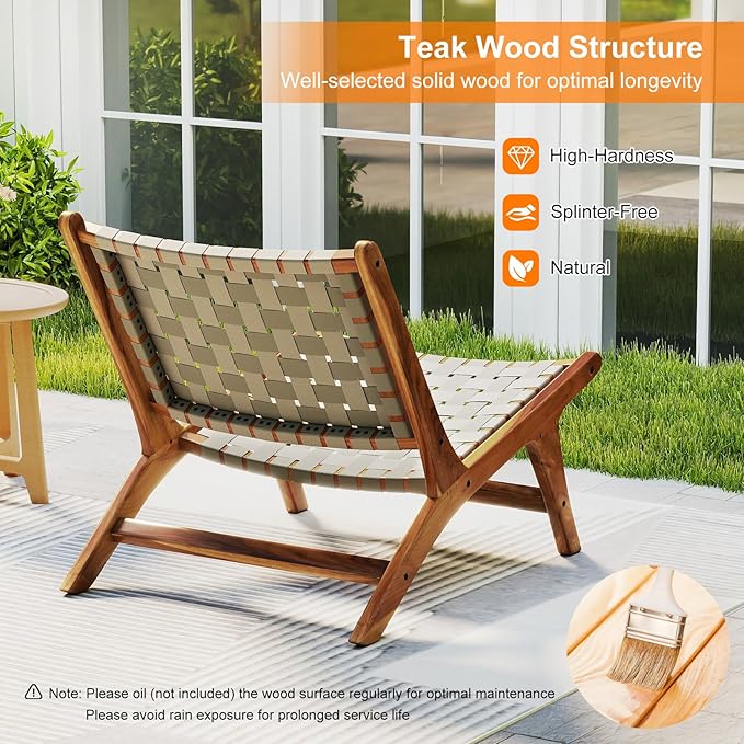 Tangkula Patio Teak Wood Chair, Outdoor Mid-Century Accent Chair with Nylon Webbing Seat & Back, for Backyard, Porch - Photo 6
