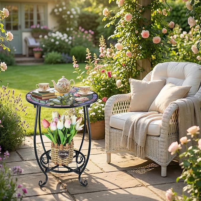 Outdoor Side Table Round Small Mosaic Patio Accent Indoor End Plant Coffee Tea Table for Yard Patio Porch Garden Living - Photo 2