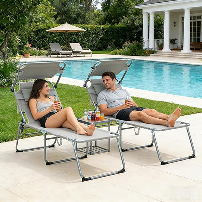 Folding Outdoor Lounge Recliner Chairs, Patio Lawn Chairs with Adjustable Backrest, Sun Tanning Beach Chair with Sunshade/Awning, Breathable Mesh Seat, Gray, 2 Pcs (Gray)
