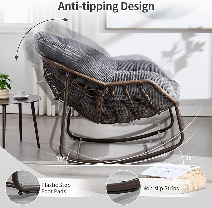 HOMEFUN Outdoor Patio Rocking Chairs Set of 2, Oversized Papasan Rock Chair Indoor with Striped Velvet Padded Cushion - Rocker Egg Seat for Front Porch, Garden, Patio, Backyard Grey