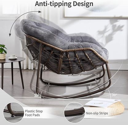 HOMEFUN Outdoor Patio Rocking Chairs Set of 2, Oversized Papasan Rock Chair Indoor with Striped Velvet Padded Cushion - Rocker Egg Seat for Front Porch, Garden, Patio, Backyard Grey