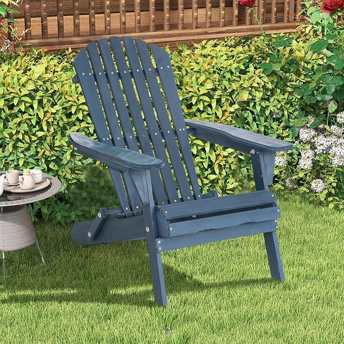 Foldable All-Weather Adirondack Chair, Outdoor Patio Lawn Chair With Wide Armrest, Solid Wood Fire Pit Front Porch Set, 350 Lbs, Navy Blue