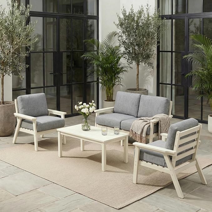 Patio Furniture Set, HDPE Outdoor Sofa Set with Gray Washable Cushions, Patio Conversation Sets for Lawn, Garden, Porch, Balcony & Deck, Durable Outdoor Sectional Furniture (White Frame)