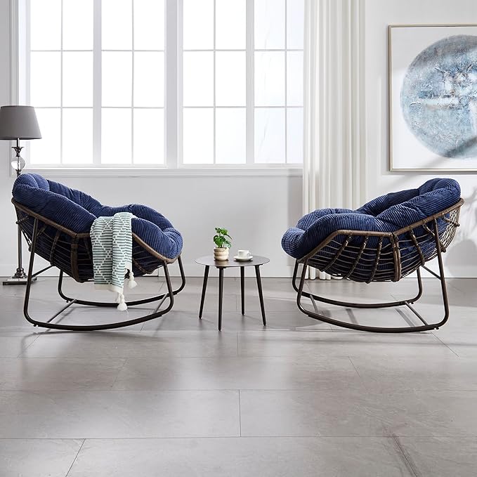 Large Indoor Rocking Chair, Oversized Rocking Papasan Chair with Thick Cushion and Frame,Comfy Corduroy Rocker Wicker Egg Chairs Lounge Reading Chair for Living Room, Bedroom, Apartment,Navy Blue