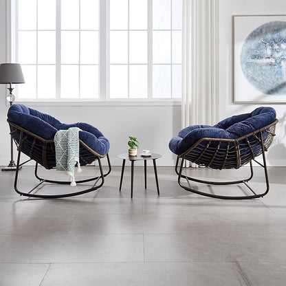 Large Indoor Rocking Chair, Oversized Rocking Papasan Chair with Thick Cushion and Frame,Comfy Corduroy Rocker Wicker Egg Chairs Lounge Reading Chair for Living Room, Bedroom, Apartment,Navy Blue