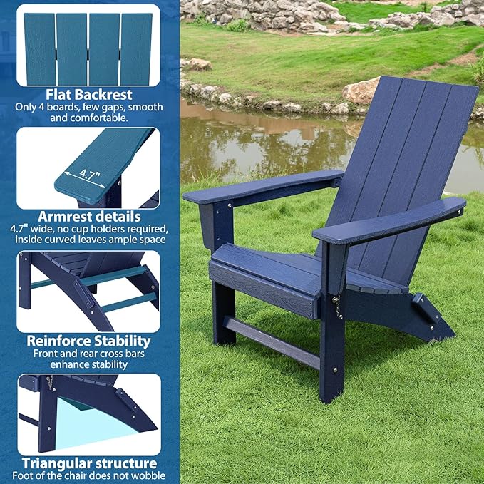 Folding Adirondack Chair Weather Resistant Foldable Fire Pit Chairs HDPE Outdoor Adirondack Chair for Patio Front Porch Pool Garden Deck Fire Pit Outside, Navy Blue