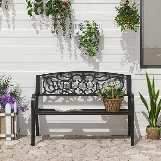 Outsunny 50" Outdoor Metal Welcome Bench, Garden Bench with Slatted Seat, Patio Bench for Park, Porch, Yard, Entryway, Black