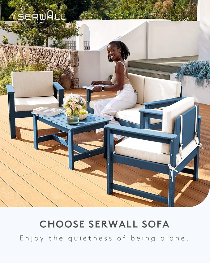 SERWALL 3 Pieces HDPE Outdoor Sofa Bistro Set with Cushion - Photo 6