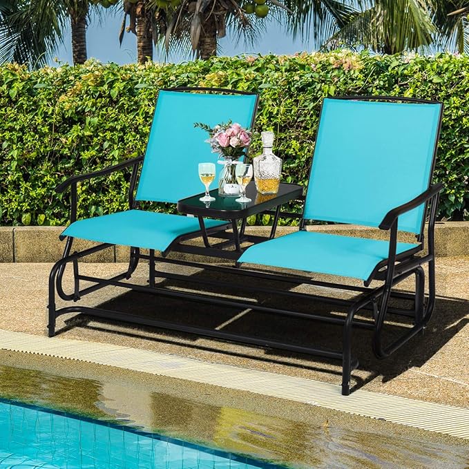 Giantex Patio Bench Glider Chair with Metal Frame, Center Tempered Glass Table - Photo 9