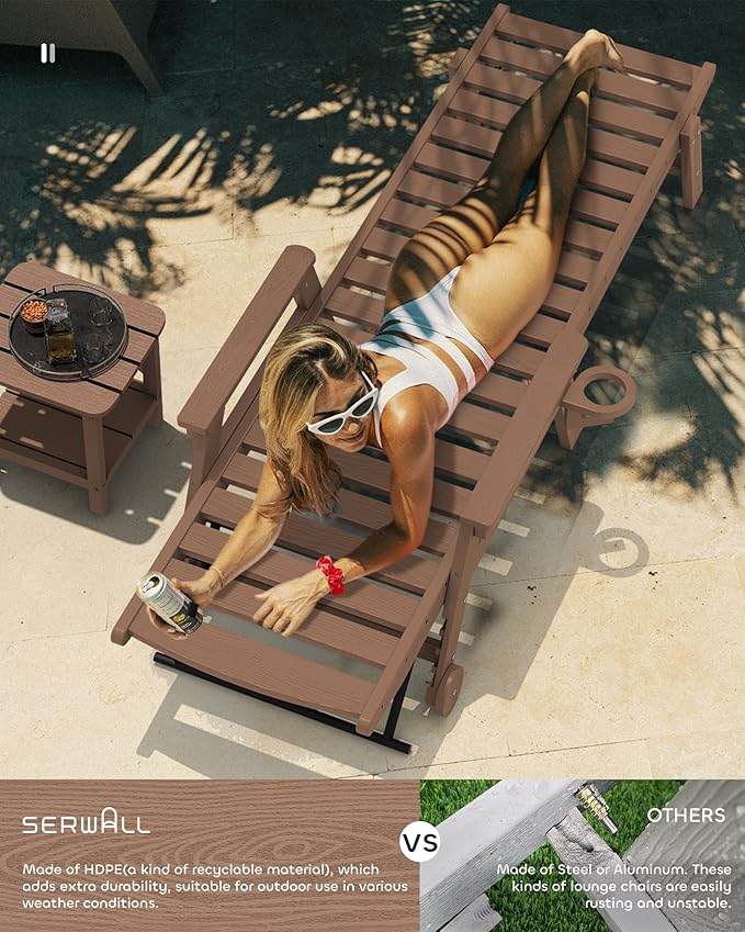 SERWALL HDPE Chaise Lounge Set of 2 for Outdoor, Brown - Photo 6