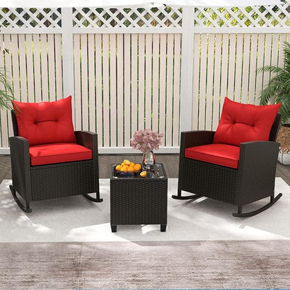 Tangkula 3 Piece Wicker Rocking Set, Patio Rattan Roker Chairs with Tempered Glass Table & Soft Cushions, Outdoor Furniture Set for Backyard, Poolside Porch (Red)