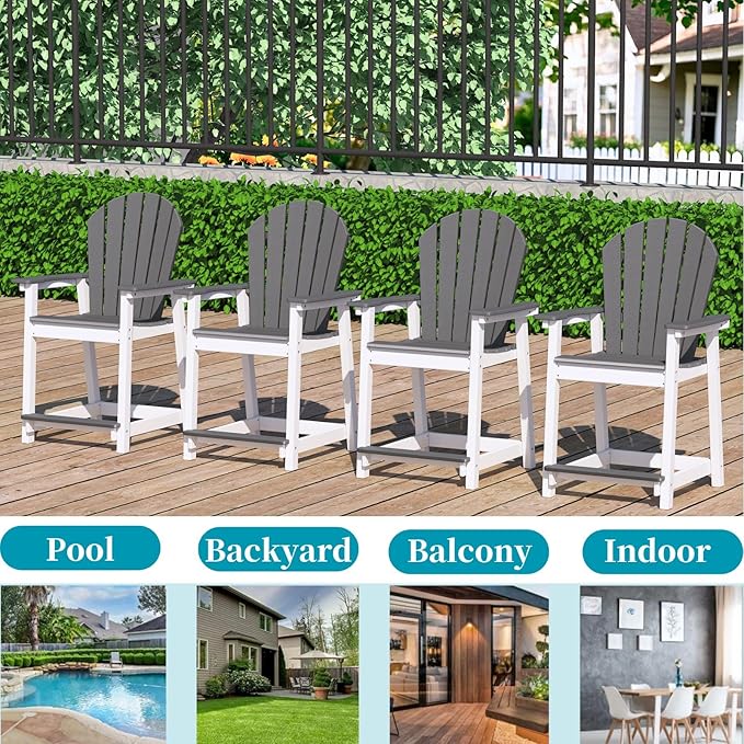 Outdoor Tall Adirondack Chair, HDPE Weather Resistant Outdoor Chair for Garden, Perfect for High Top Table & Chairs on Your Balcony, Capacity 400LBS, Grey