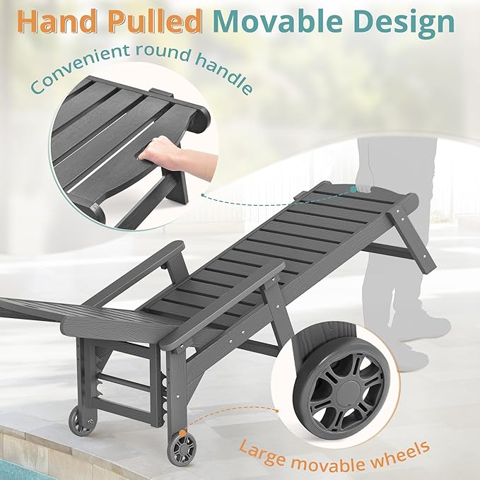 LUE BONA Outdoor Lounge Chair Set with Table, 3-Piece, HDPS Chaise Lounge Outdoor with Wheels, 5 Positions Adjustable Pool Lounger Chairs for Outside, Patio, Dark Gray