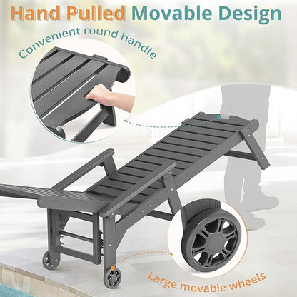 LUE BONA Lounge Chair Outdoor, HDPS Chaise Lounge Outdoor with Wheels, 5 Positions Adjustable Pool Lounger Chairs for Outside, Patio, Dark Gray