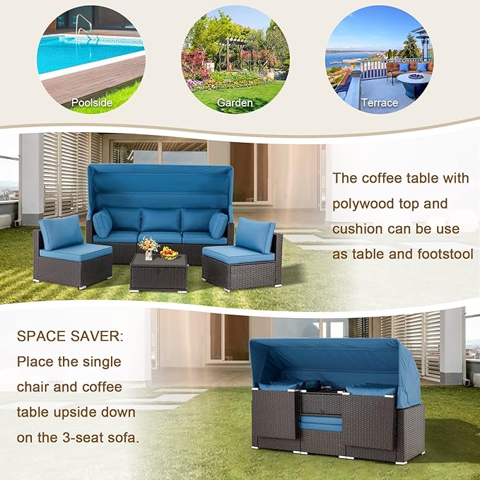 Vicluke 6 Pieces Patio Furniture Sets Outdoor Sectional Sofa Set Rattan Daybed with Retractable Canopy - Photo 6