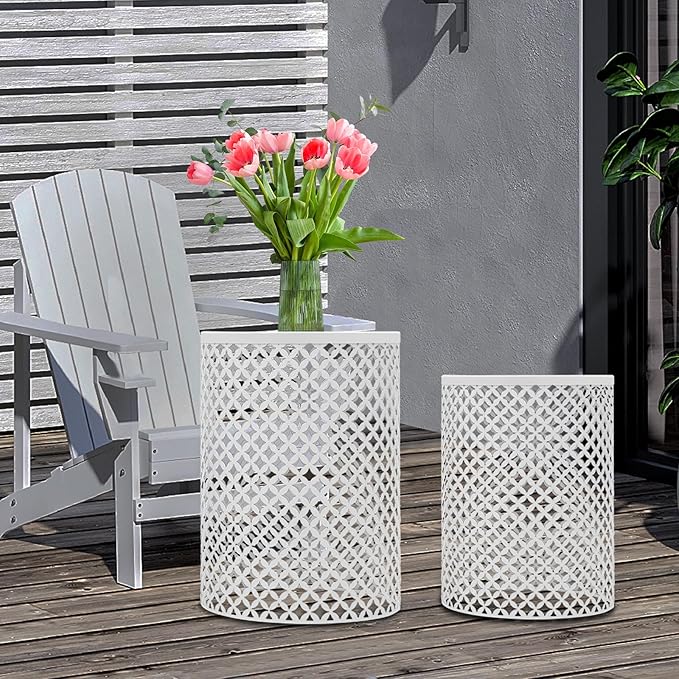 2PCS Outdoor Side Table, Heavy Duty Metal Frame Side Table Decorative Garden Stool Modern End Table Round Coffee Table - Photo 2