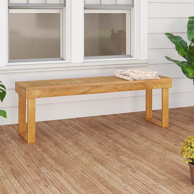HAPPYGRILL Outdoor Acacia Wood Bench for 3-Person Patio Backless Farmhouse Bench with Slatted Seat, 800 LBS Heavy Duty Dining Bench for Entryway Porch Dining Room (1)