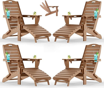 Ciokea Folding Adirondack Chair Set of 4 with Retractable Ottoman Fire Pit Patio Chair with Pull Out Foot Rest Weather Resistant Lawn Outdoor Chair with 2 Cup Holder (Teak)