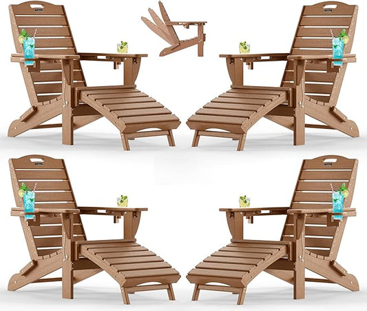 Ciokea Folding Adirondack Chair Set of 4 with Retractable Ottoman Fire Pit Patio Chair with Pull Out Foot Rest Weather Resistant Lawn Outdoor Chair with 2 Cup Holder (Teak)