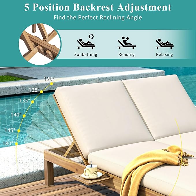 SOFTSEA Patio Double Chaise Lounge with 5-Position Adjustable Backrest, Outdoor Chaise Lounge with Cushions for 2 People, Wooden Outdoor Daybed with Folding Side Trays for Pool Backyard, Light Teak