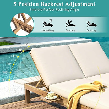 SOFTSEA Patio Double Chaise Lounge with 5-Position Adjustable Backrest, Outdoor Chaise Lounge with Cushions for 2 People, Wooden Outdoor Daybed with Folding Side Trays for Pool Backyard, Light Teak